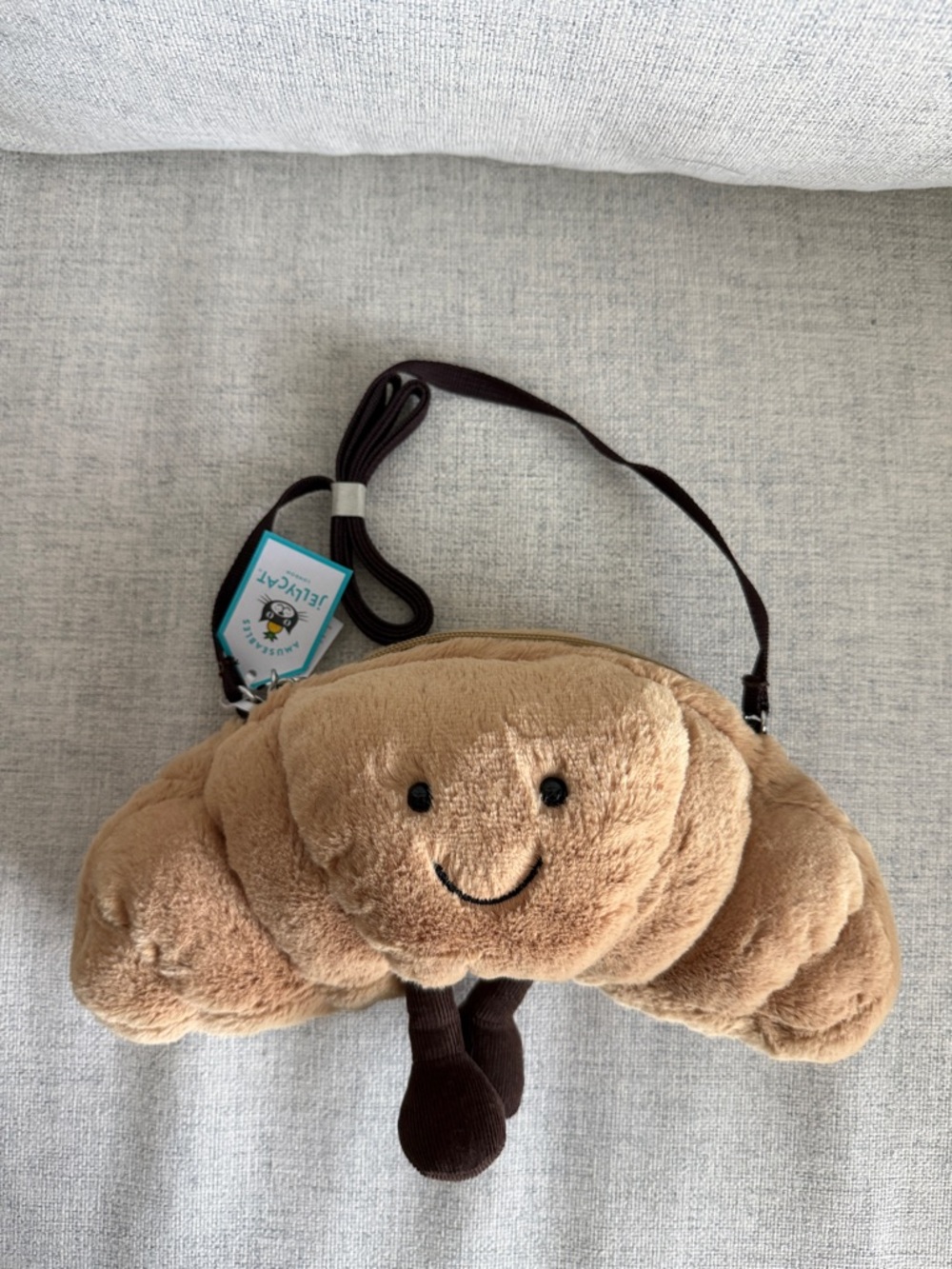 Jellycat Tan Croissant Plush Crossbody Bag with Dark Brown Strap